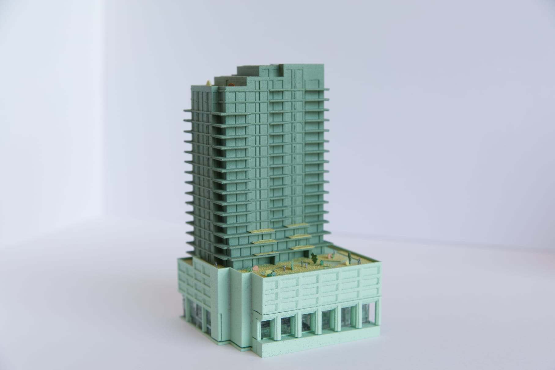The Markus tower with its green plinth, three-quarter view