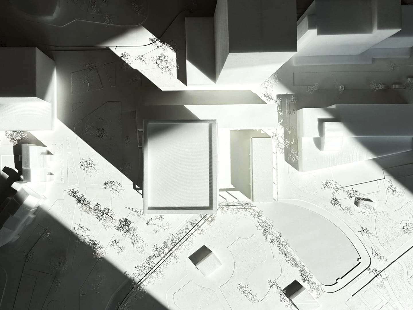 Top view of the plan, with long shadows over the park