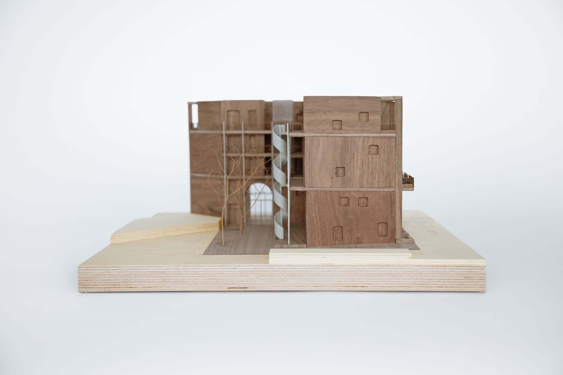 The model opened up, showing the stair core inside