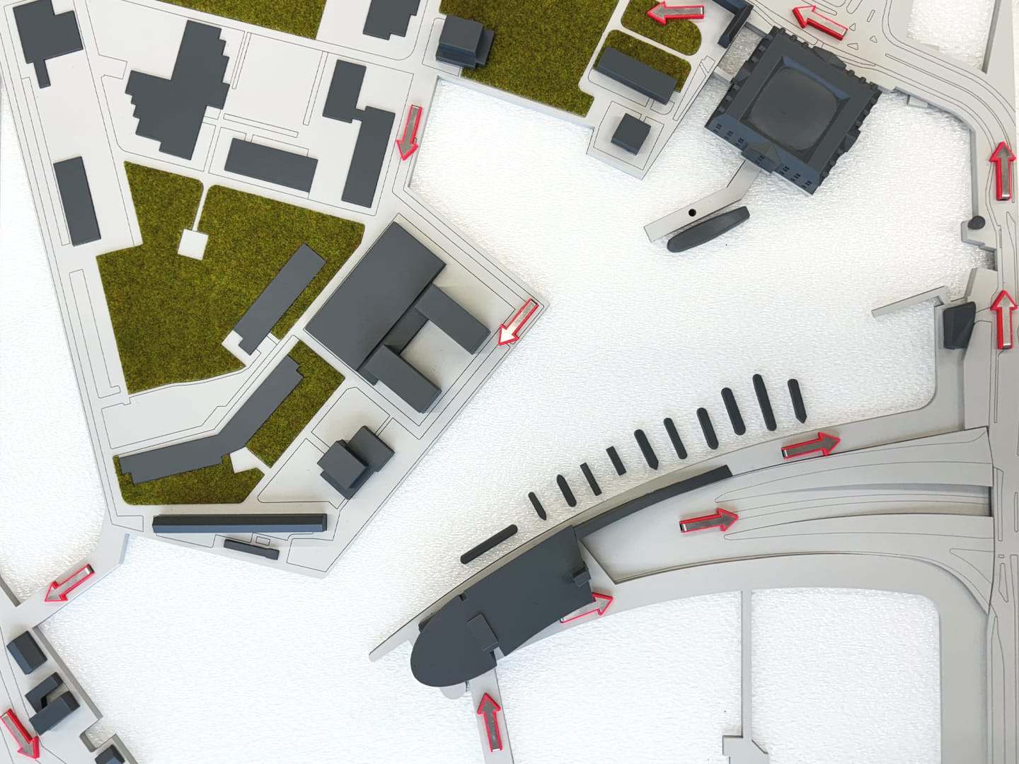 Top view of the tactile site model, with dark 3D-printed volumes on a light base