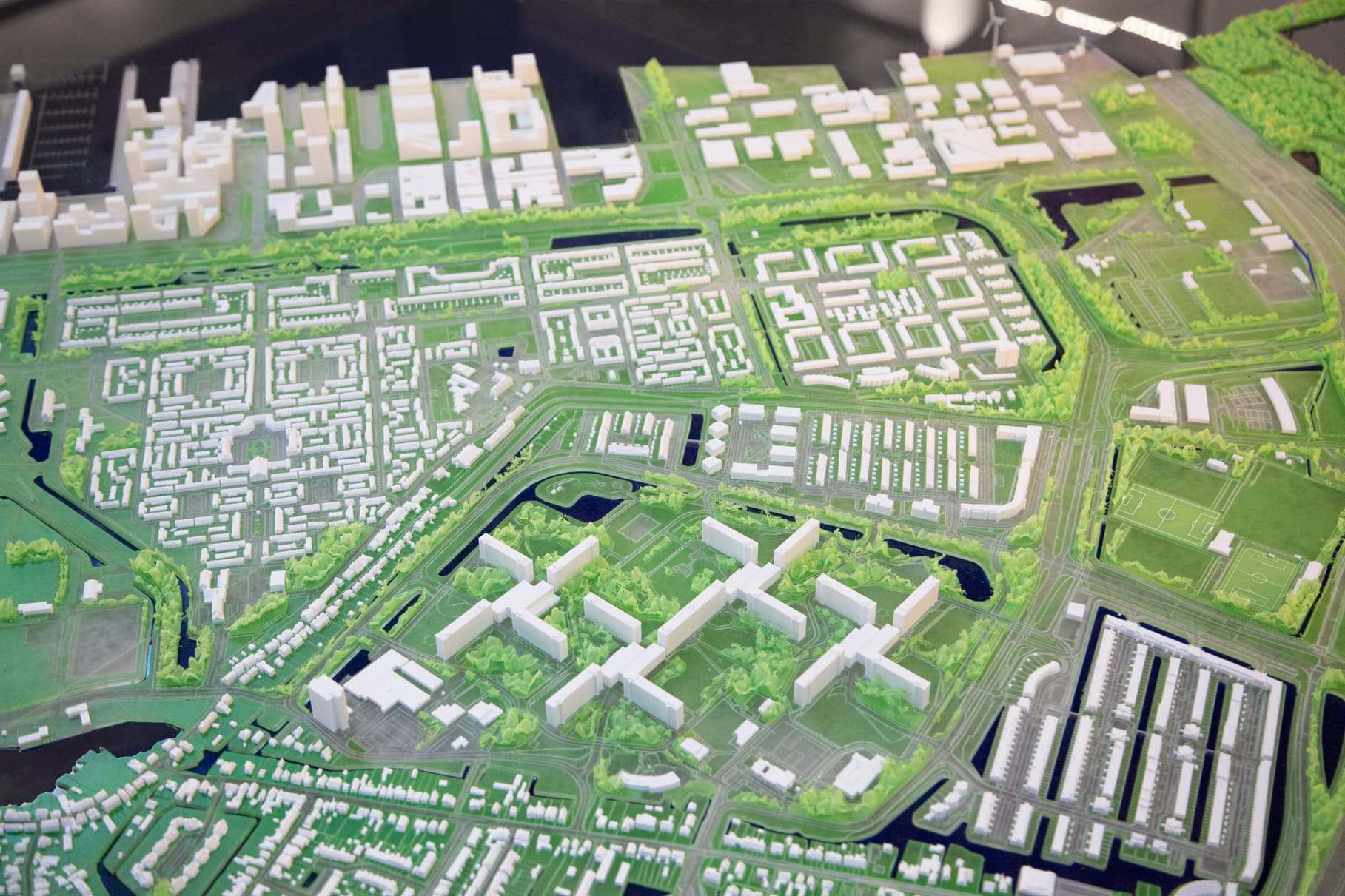 Close-up of the Amsterdam city model showing canals, parks and neighbourhoods