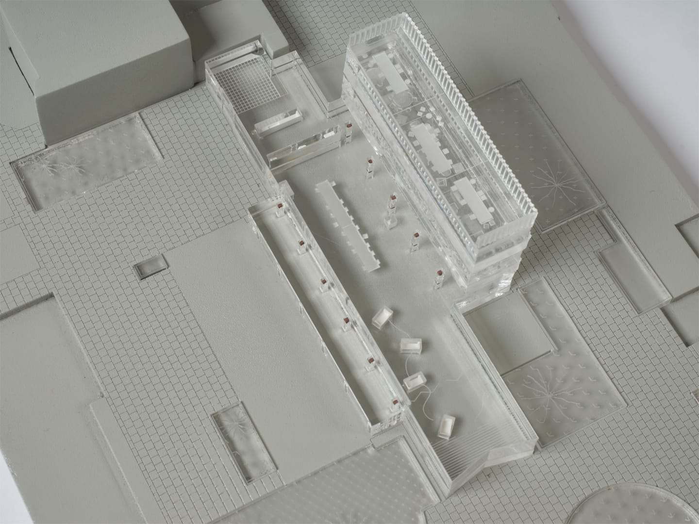 Top view of both site bases of the Station Wildeman model, with the transparent new-build volume in cast acrylic