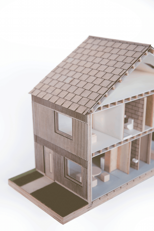 Animated view of the AER Home model, a gabled house with its roof and floors cut open