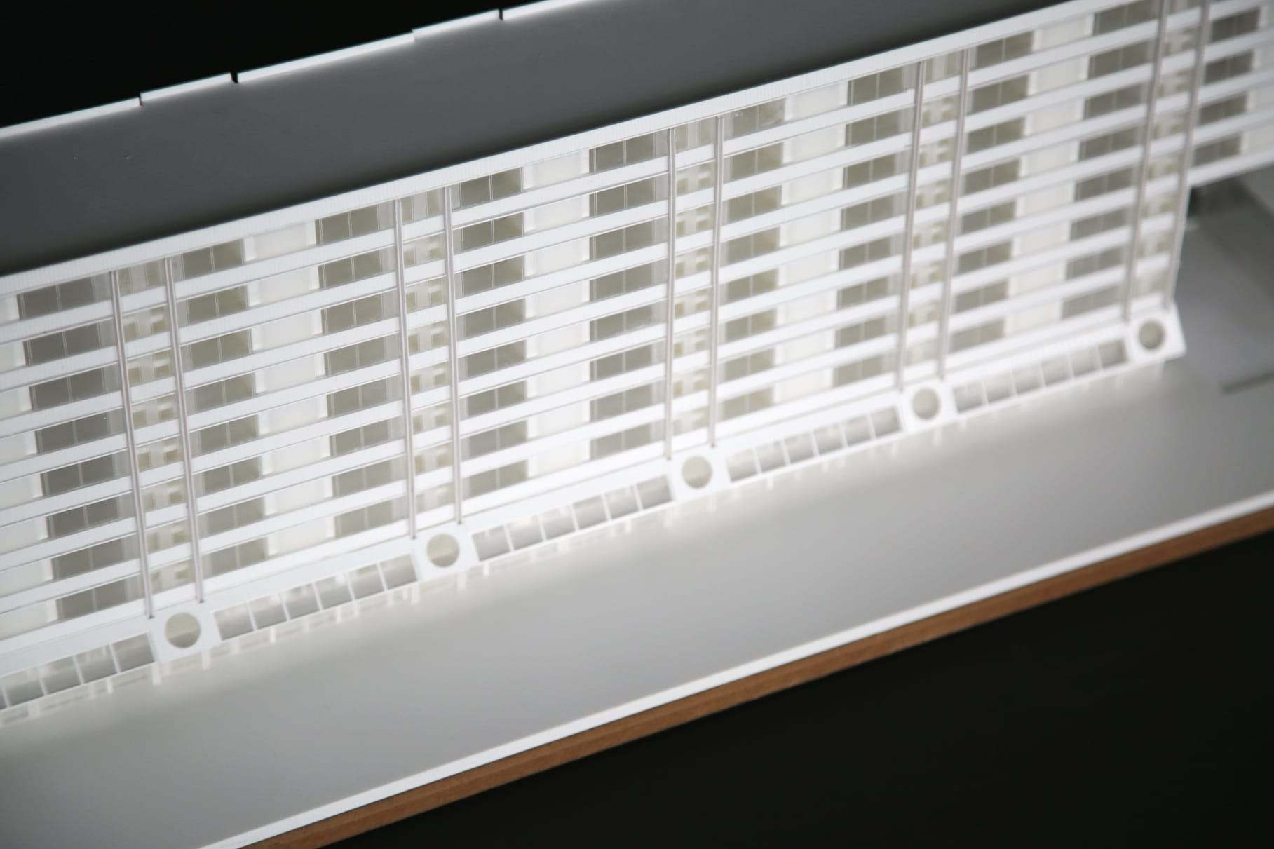 The full length of the model, the balcony lines running horizontally