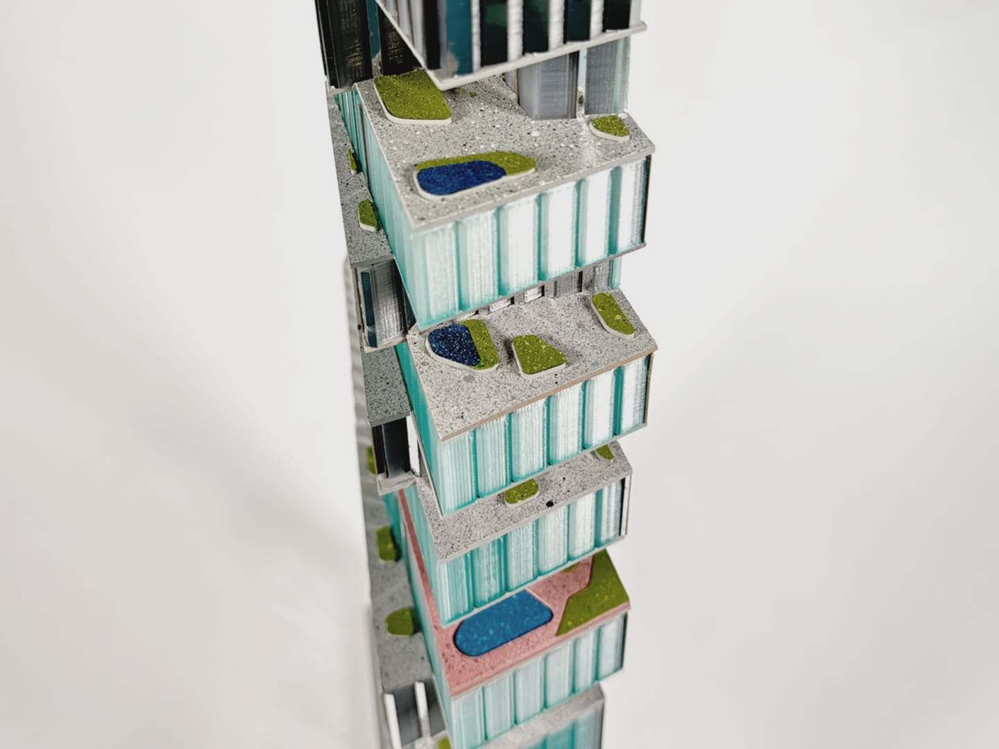 The narrow side of the tower with the stacked terraces