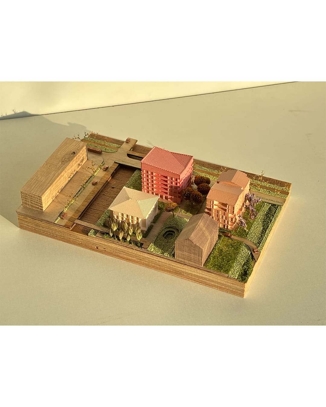 A trial section of the model with the coloured blocks on a layered base