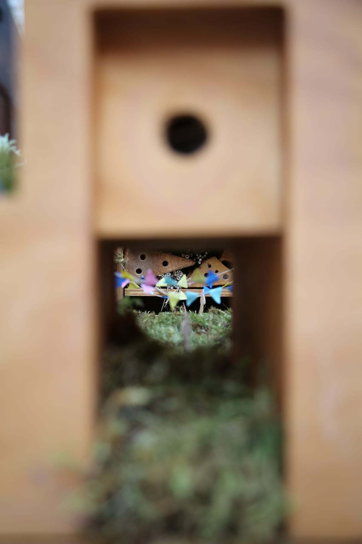 A blurred view through one of the round openings, bunting beyond
