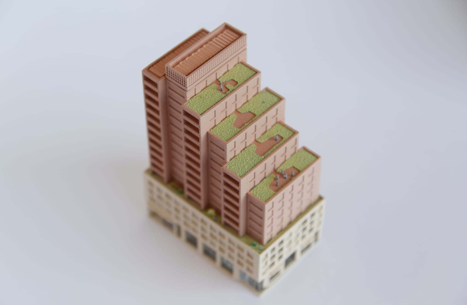 Close-up of the stepped Franka tower and its planted terraces