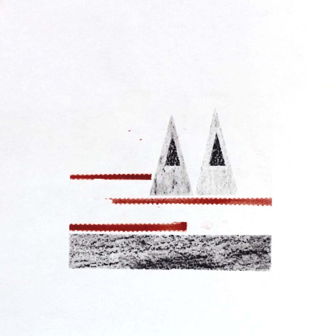 Charcoal drawing of two triangular shapes above red strokes and a textured block