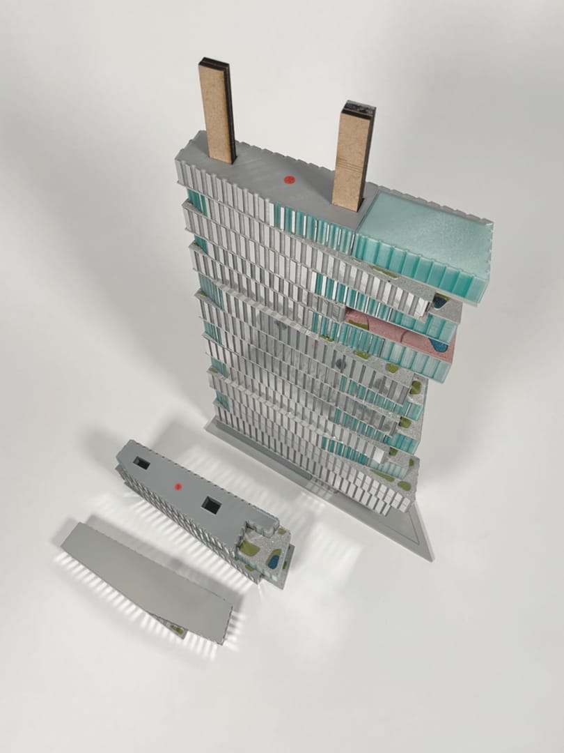 The tower assembled around its two cores, with loose sections