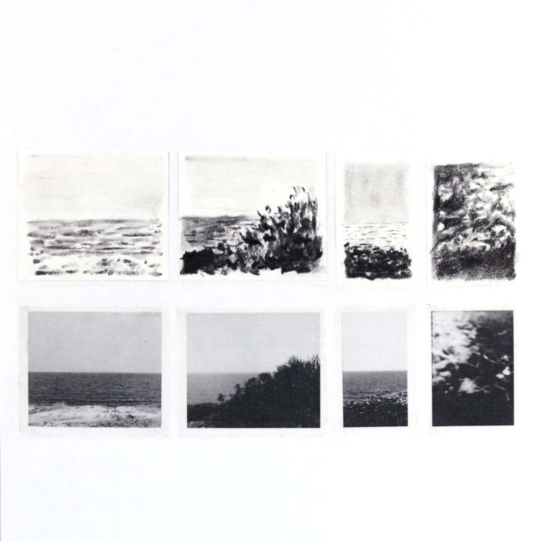 Black and white drawings of the sea and coastal vegetation