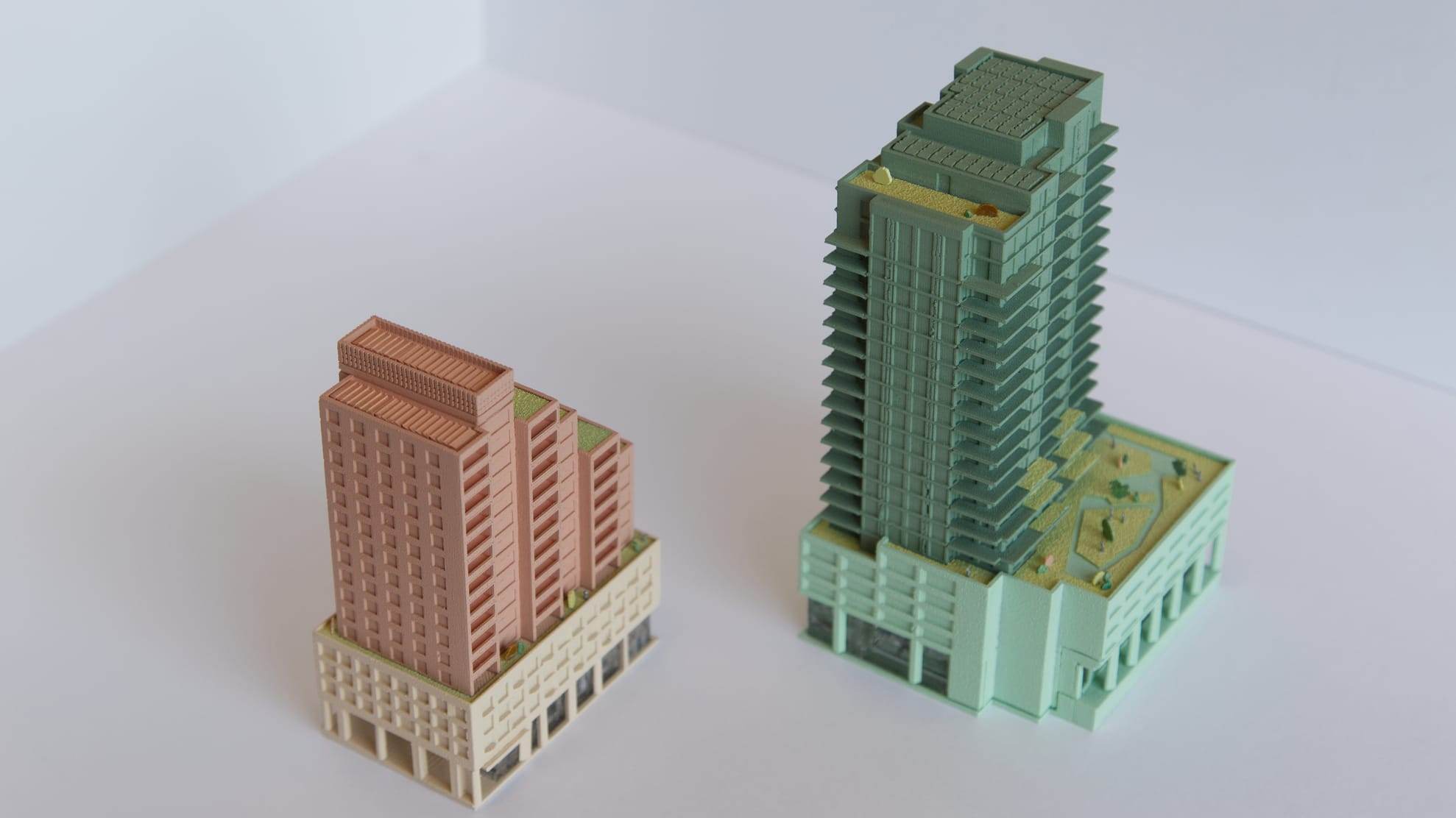 The Franka and Markus towers together, with the transparent plinths in front