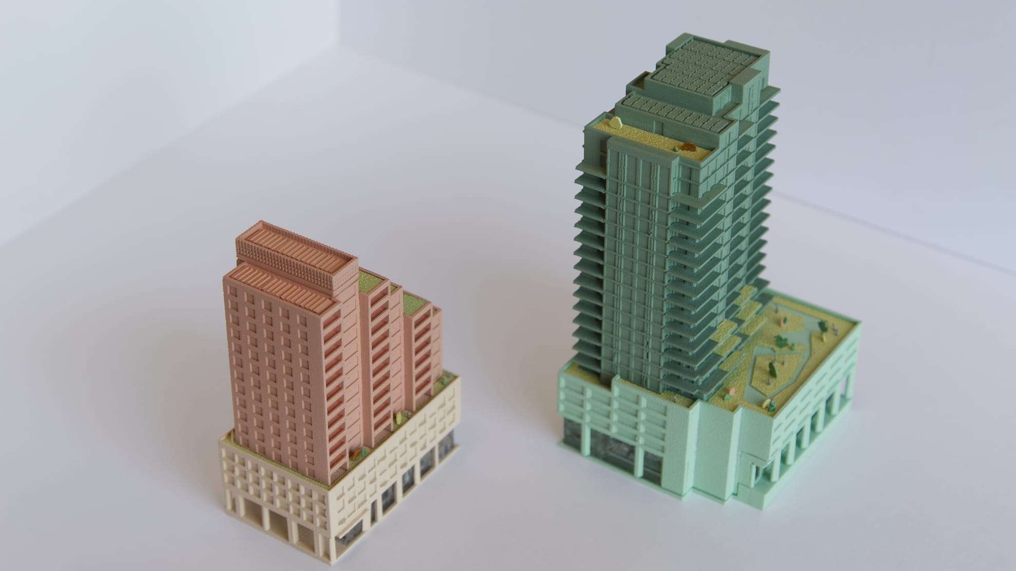 The Franka and Markus towers together, with the transparent plinths in front